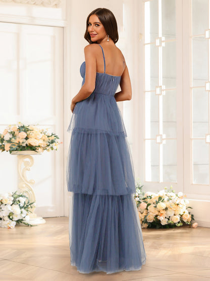 Robe de Demoiselled'Honneur en Tulle, Coupe Trapèze/Princesse, Bretelles Spaghetti, Longueur au Sol
