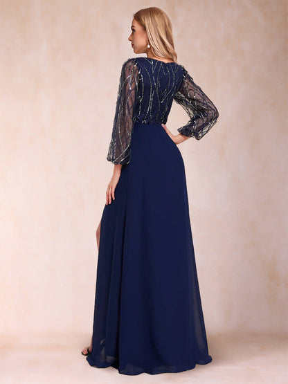 Robe de Mère de la Mariée Coupe A-Line/Princess à Col En V et Longueur Au Sol avec Fente Sur Le Côté