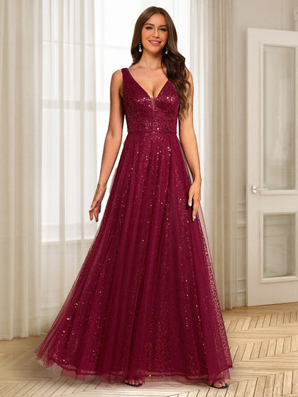 Robe de Soirée Trapèze/Princesse à Col En V et Longueur Au Sol avec Volants