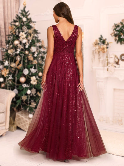Robe de Noël Trapèze/Princesse à Col En V et Longueur Au Sol avec Volants