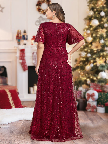 Robe de Noël Grande Taille à Paillettes, Coupe Trapèze/Princesse, Col en V