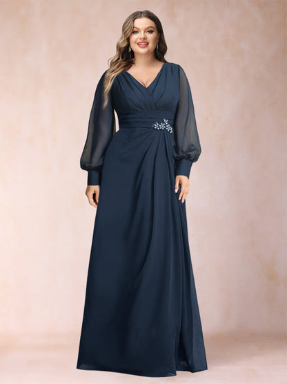 Robes de Mère de la Mariée Grande Taille, Coupe A-Line/Princesse, Manches Longues, Col en V