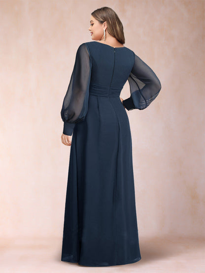 Robes de Mère de la Mariée Grande Taille, Coupe A-Line/Princesse, Manches Longues, Col en V