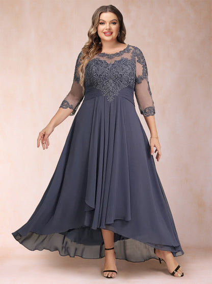 Robe de Mère de la Mariée Grande Taille, Asymétrique, Coupe Trapèze/Princesse, Manches 3/4, Décolleté en Cœur