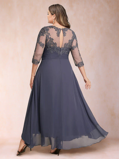 Robe de Mère de la Mariée Grande Taille, Asymétrique, Coupe Trapèze/Princesse, Manches 3/4, Décolleté en Cœur