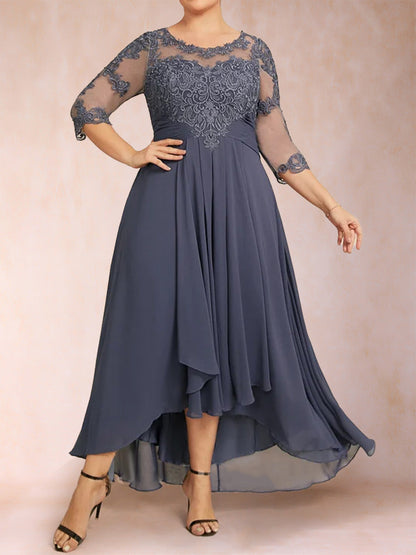 Robe de Mère de la Mariée Grande Taille, Asymétrique, Coupe Trapèze/Princesse, Manches 3/4, Décolleté en Cœur