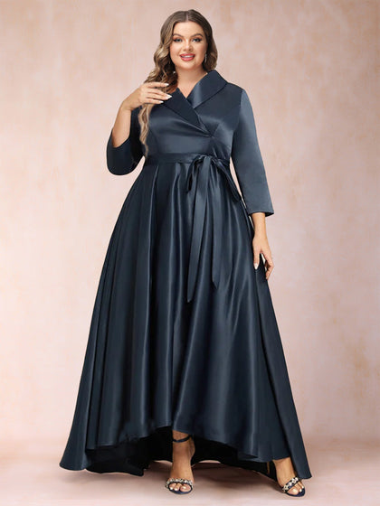 Robe de Mère de la Mariée Grande Taille, Coupe Trapèze/Princesse, Manches 3/4, Col en V Asymétrique