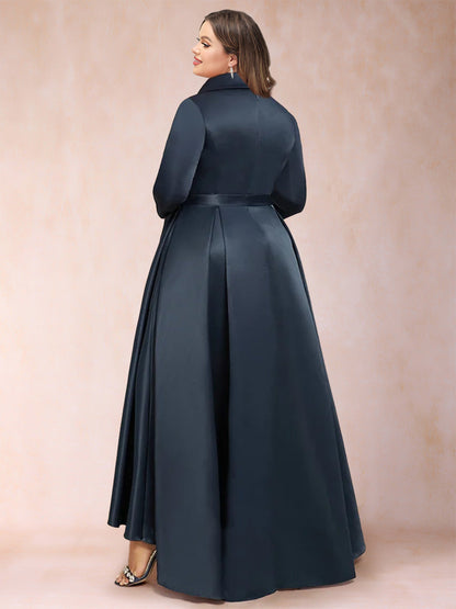 Robe de Mère de la Mariée Grande Taille, Coupe Trapèze/Princesse, Manches 3/4, Col en V Asymétrique