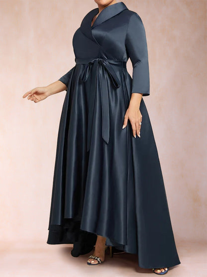 Robe de Mère de la Mariée Grande Taille, Coupe Trapèze/Princesse, Manches 3/4, Col en V Asymétrique