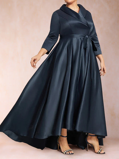 Robe de Mère de la Mariée Grande Taille, Coupe Trapèze/Princesse, Manches 3/4, Col en V Asymétrique