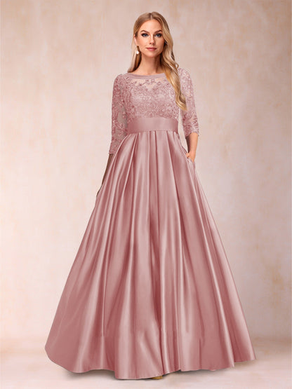 Robe de Mère de la Mariée Coupe A-Line/Princess Longueur Au Sol Manches 3/4 Décolleté En V