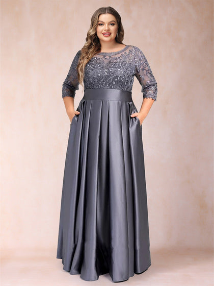 Robe de Mère de La Mariée A-Line/Princesse Longueur Sol Col Rond À Manches Trois-Quarts, Grande Taille