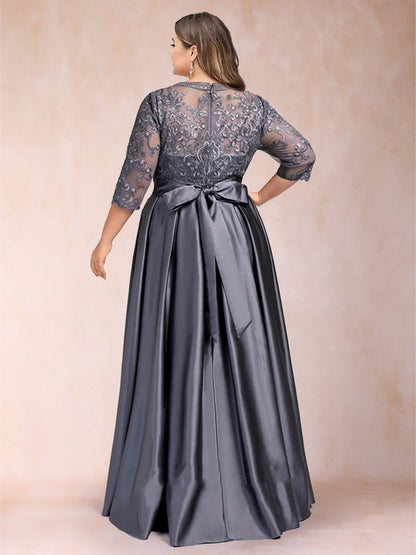 Robe de Mère de La Mariée A-Line/Princesse Longueur Sol Col Rond À Manches Trois-Quarts, Grande Taille