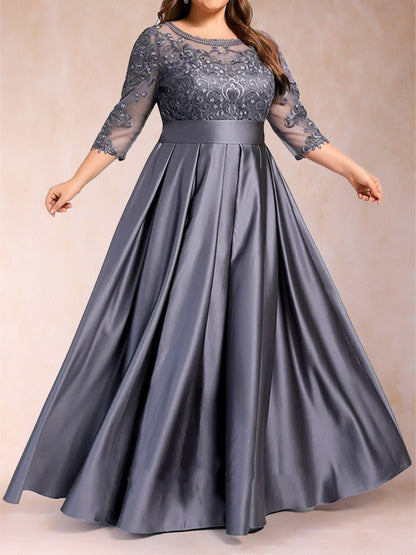 Robe de Mère de La Mariée A-Line/Princesse Longueur Sol Col Rond À Manches Trois-Quarts, Grande Taille
