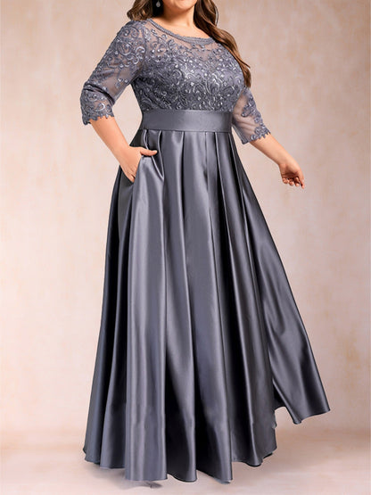 Robe de Mère de La Mariée A-Line/Princesse Longueur Sol Col Rond À Manches Trois-Quarts, Grande Taille