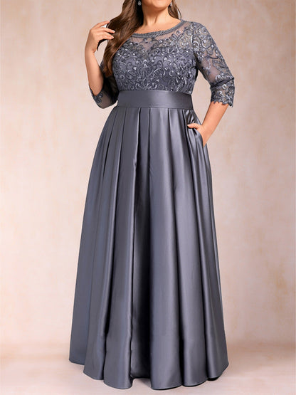 Robe de Mère de La Mariée A-Line/Princesse Longueur Sol Col Rond À Manches Trois-Quarts, Grande Taille