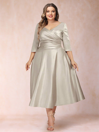 Robe de Mère de la Mariée Grande Taille, Coupe Trapèze/Princesse, Longueur Thé, Manches 3/4, Col en V