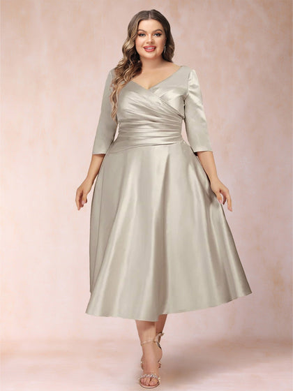 Robe de Mère de la Mariée Grande Taille, Coupe Trapèze/Princesse, Longueur Thé, Manches 3/4, Col en V