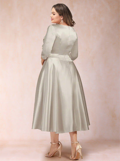 Robe de Mère de la Mariée Grande Taille, Coupe Trapèze/Princesse, Longueur Thé, Manches 3/4, Col en V