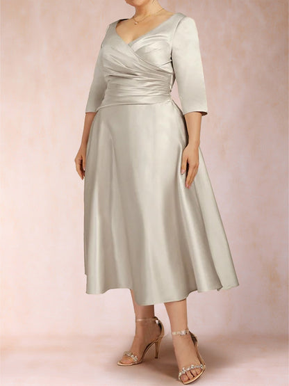 Robe de Mère de la Mariée Grande Taille, Coupe Trapèze/Princesse, Longueur Thé, Manches 3/4, Col en V