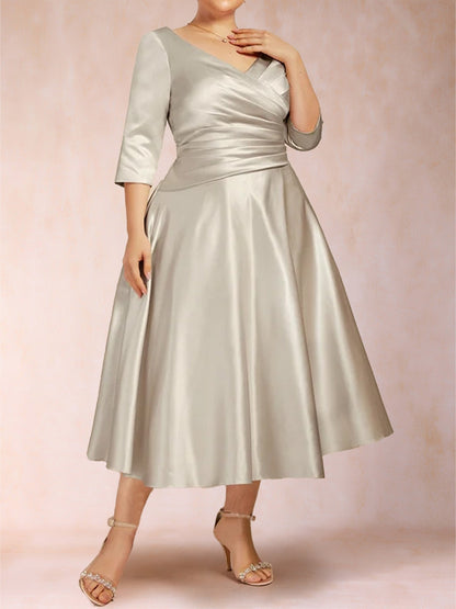 Robe de Mère de la Mariée Grande Taille, Coupe Trapèze/Princesse, Longueur Thé, Manches 3/4, Col en V