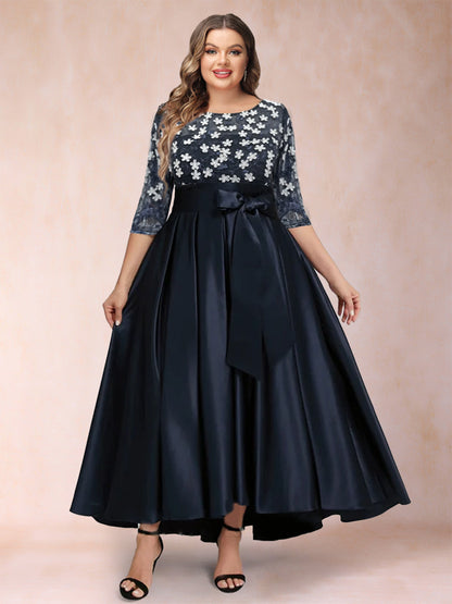 Robe de Mère de la Mariée Grande Taille, Asymétrique, Coupe Trapèze/Princesse, Manches 3/4, Décolleté Plongeant
