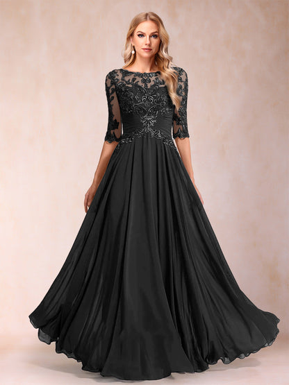 Robe de Mère de la Mariée Coupe A-Line/Princess Longueur Au Sol Manches Mi-Longues Décolleté Plongeant