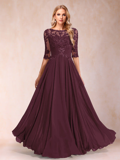Robe de Mère de la Mariée Coupe A-Line/Princess Longueur Au Sol Manches Mi-Longues Décolleté Plongeant