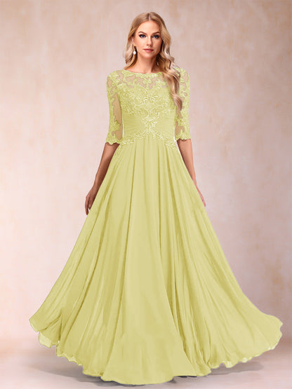 Robe de Mère de la Mariée Coupe A-Line/Princess Longueur Au Sol Manches Mi-Longues Décolleté Plongeant