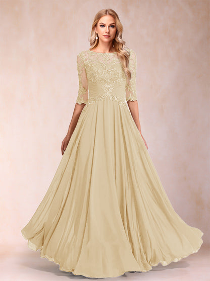 Robe de Mère de la Mariée Coupe A-Line/Princess Longueur Au Sol Manches Mi-Longues Décolleté Plongeant