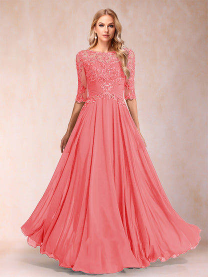 Robe de Mère de la Mariée Coupe A-Line/Princess Longueur Au Sol Manches Mi-Longues Décolleté Plongeant