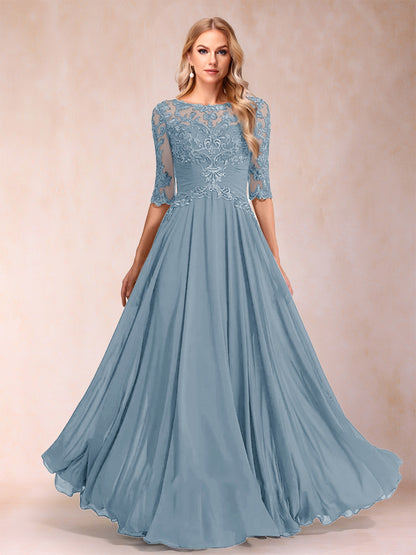 Robe de Mère de la Mariée Coupe A-Line/Princess Longueur Au Sol Manches Mi-Longues Décolleté Plongeant