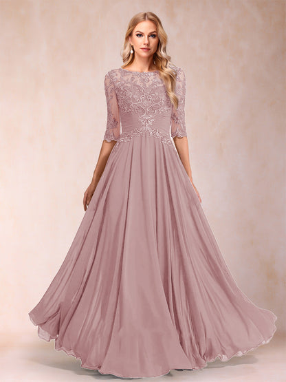 Robe de Mère de la Mariée Coupe A-Line/Princess Longueur Au Sol Manches Mi-Longues Décolleté Plongeant