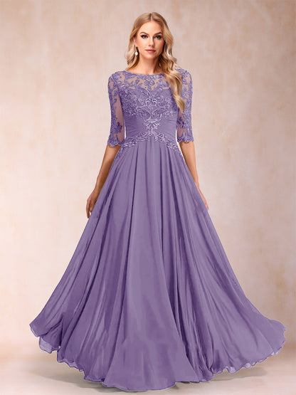 Robe de Mère de la Mariée Coupe A-Line/Princess Longueur Au Sol Manches Mi-Longues Décolleté Plongeant