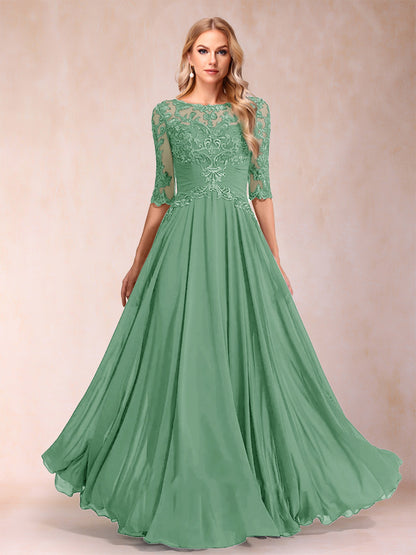 Robe de Mère de la Mariée Coupe A-Line/Princess Longueur Au Sol Manches Mi-Longues Décolleté Plongeant
