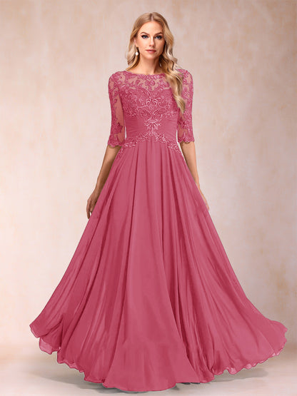Robe de Mère de la Mariée Coupe A-Line/Princess Longueur Au Sol Manches Mi-Longues Décolleté Plongeant
