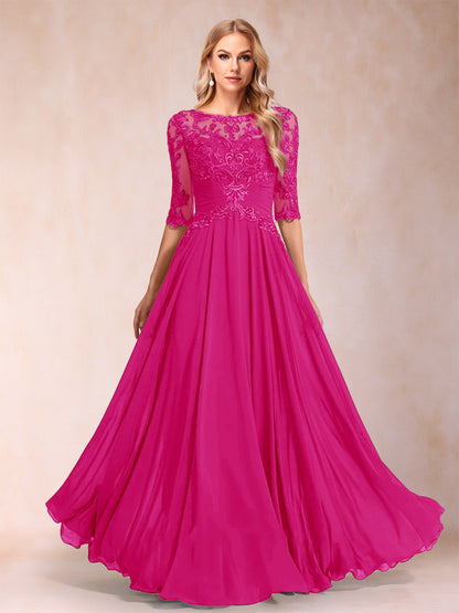 Robe de Mère de la Mariée Coupe A-Line/Princess Longueur Au Sol Manches Mi-Longues Décolleté Plongeant