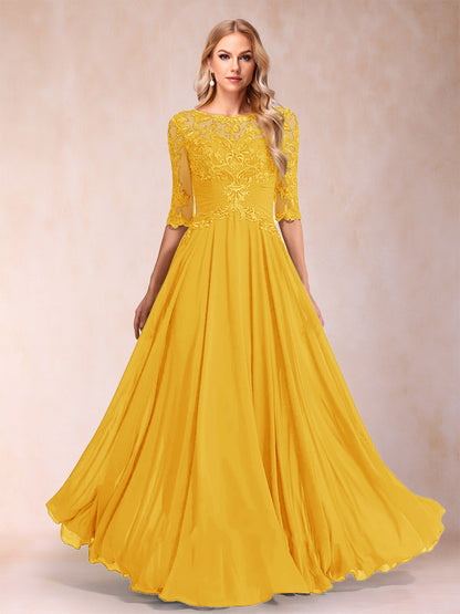 Robe de Mère de la Mariée Coupe A-Line/Princess Longueur Au Sol Manches Mi-Longues Décolleté Plongeant