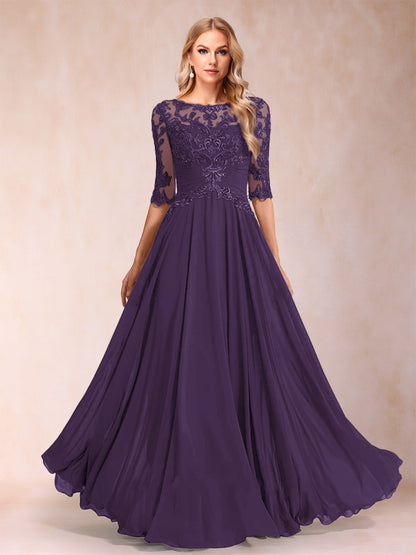 Robe de Mère de la Mariée Coupe A-Line/Princess Longueur Au Sol Manches Mi-Longues Décolleté Plongeant