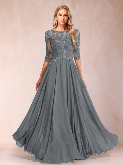 Robe de Mère de la Mariée Coupe A-Line/Princess Longueur Au Sol Manches Mi-Longues Décolleté Plongeant