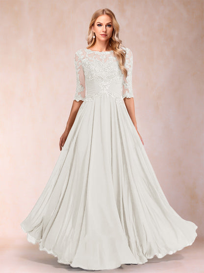 Robe de Mère de la Mariée Coupe A-Line/Princess Longueur Au Sol Manches Mi-Longues Décolleté Plongeant