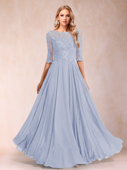 Robe de Mère de la Mariée Coupe A-Line/Princess Longueur Au Sol Manches Mi-Longues Décolleté Plongeant