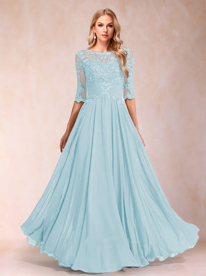 Robe de Mère de la Mariée Coupe A-Line/Princess Longueur Au Sol Manches Mi-Longues Décolleté Plongeant