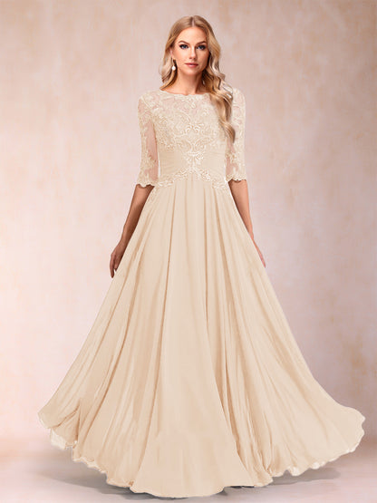 Robe de Mère de la Mariée Coupe A-Line/Princess Longueur Au Sol Manches Mi-Longues Décolleté Plongeant