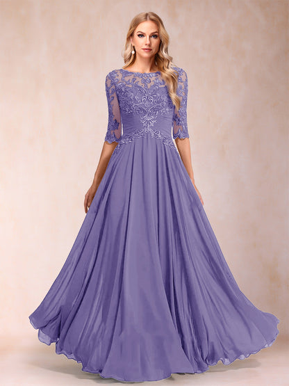Robe de Mère de la Mariée Coupe A-Line/Princess Longueur Au Sol Manches Mi-Longues Décolleté Plongeant