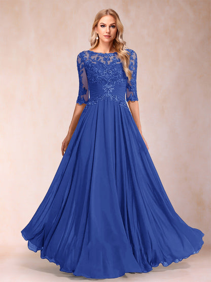 Robe de Mère de la Mariée Coupe A-Line/Princess Longueur Au Sol Manches Mi-Longues Décolleté Plongeant