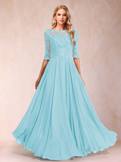 Robe de Mère de la Mariée Coupe A-Line/Princess Longueur Au Sol Manches Mi-Longues Décolleté Plongeant