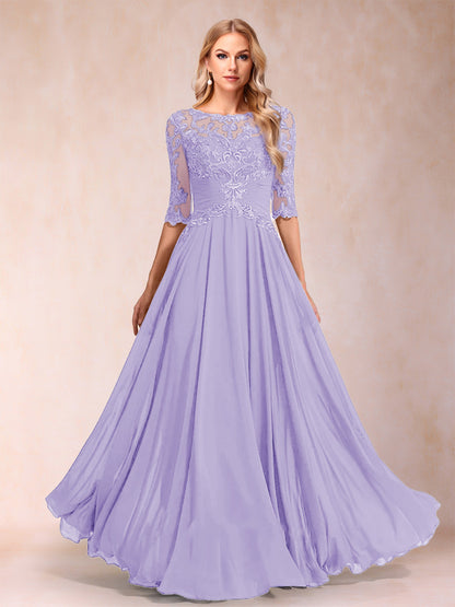 Robe de Mère de la Mariée Coupe A-Line/Princess Longueur Au Sol Manches Mi-Longues Décolleté Plongeant