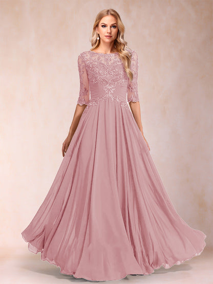 Robe de Mère de la Mariée Coupe A-Line/Princess Longueur Au Sol Manches Mi-Longues Décolleté Plongeant