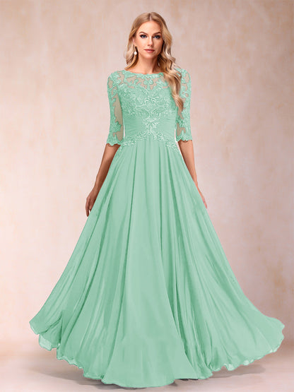Robe de Mère de la Mariée Coupe A-Line/Princess Longueur Au Sol Manches Mi-Longues Décolleté Plongeant
